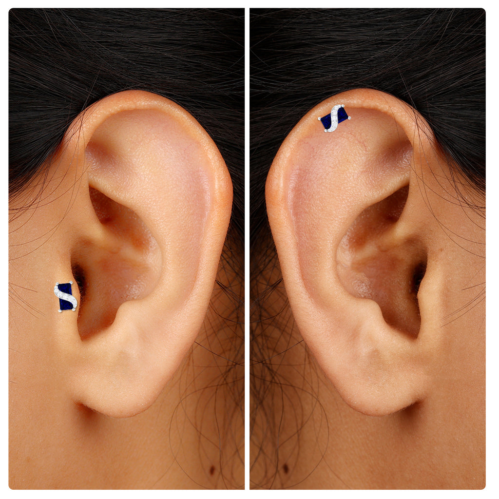 Baguette Cut Blue Sapphire Helix Earring with Moissanite Blue Sapphire - ( AAA ) - Quality - Rosec Jewels