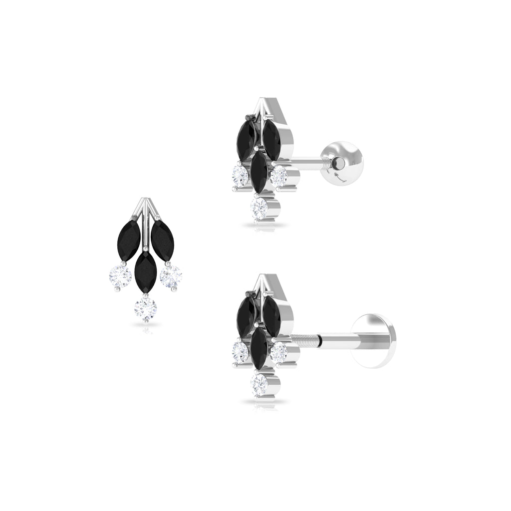 Marquise Black Onyx Leaf Cartilage Earring with Moissanite Black Onyx - ( AAA ) - Quality - Rosec Jewels