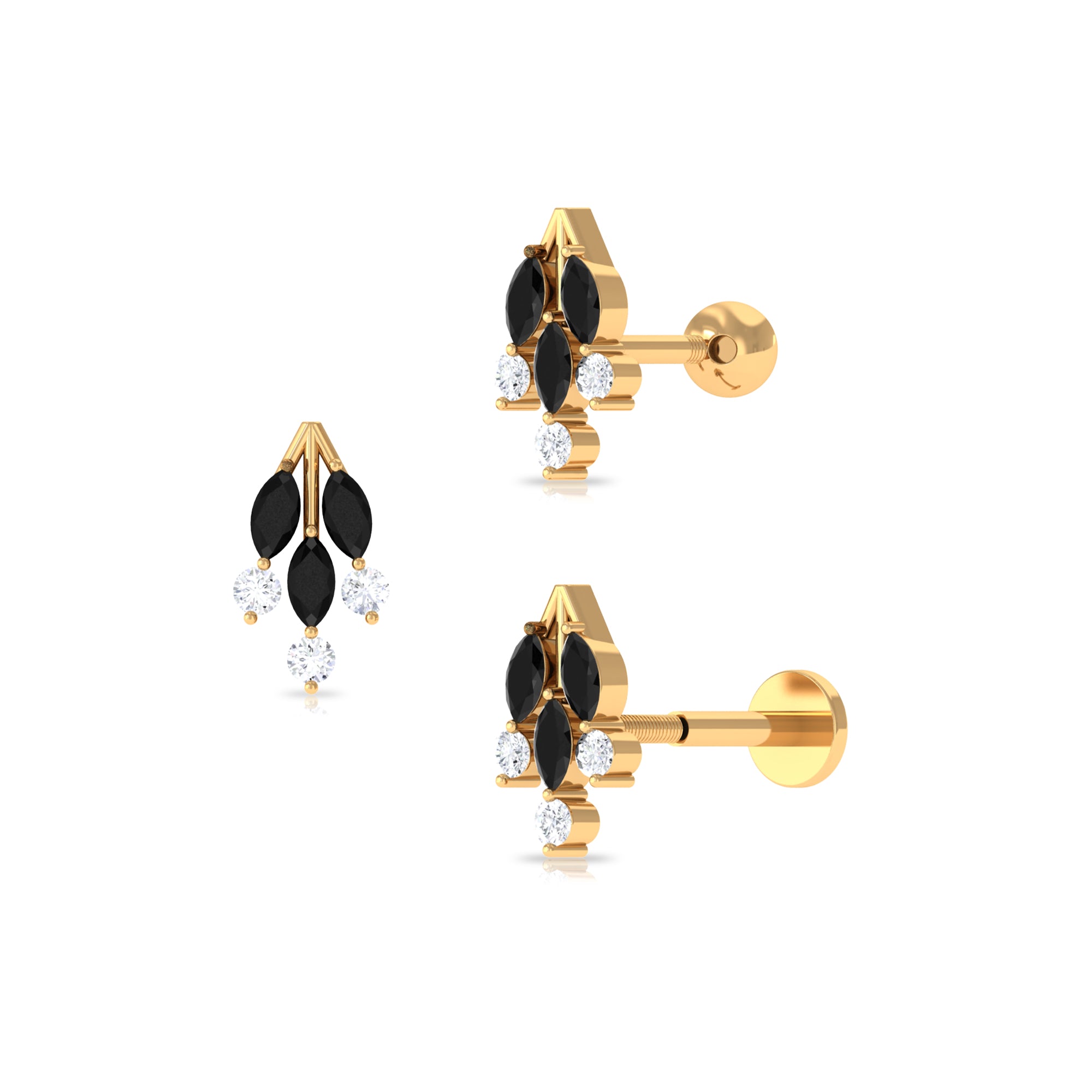 Marquise Black Onyx Leaf Cartilage Earring with Moissanite Black Onyx - ( AAA ) - Quality - Rosec Jewels