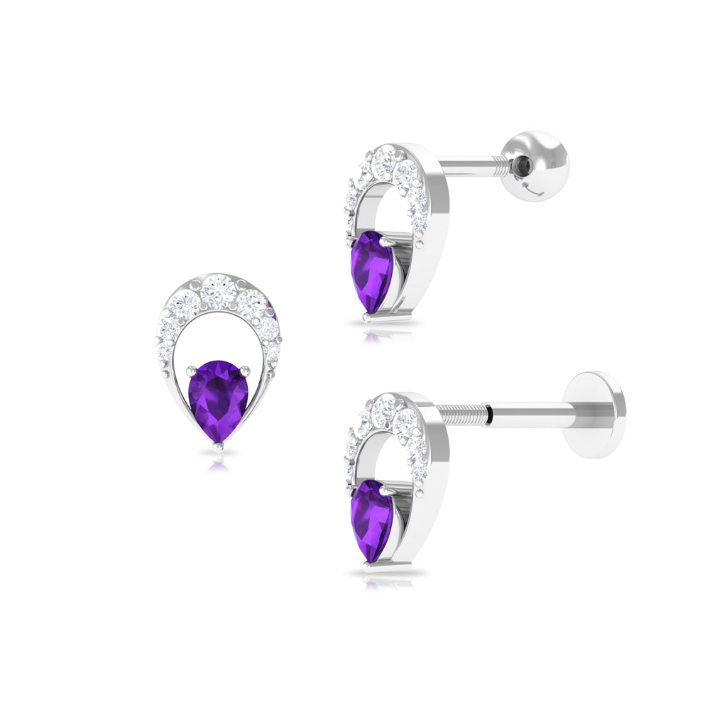 Amethyst and Moissanite Pear Shape Cartilage Earring Amethyst - ( AAA ) - Quality - Rosec Jewels