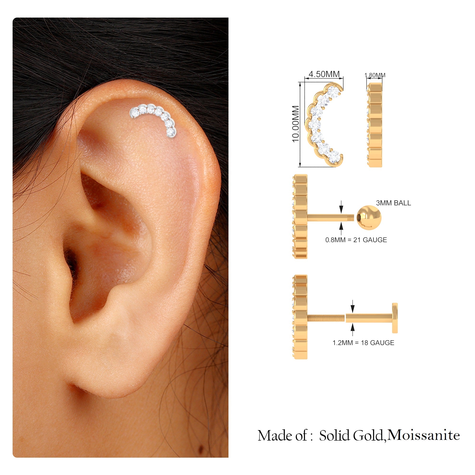 Round Moissanite Climber Cartilage Earring in Gold Moissanite - ( D-VS1 ) - Color and Clarity - Rosec Jewels