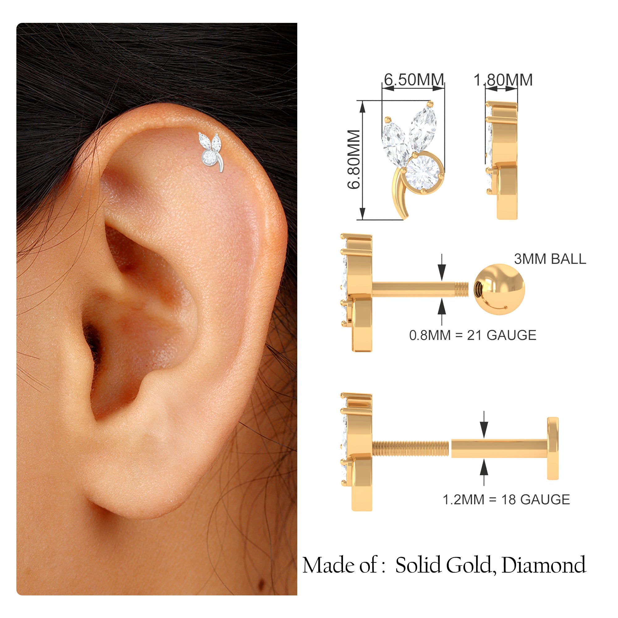 Marquise and Round Moissanite Gold Leaf Earring Moissanite - ( D-VS1 ) - Color and Clarity - Rosec Jewels