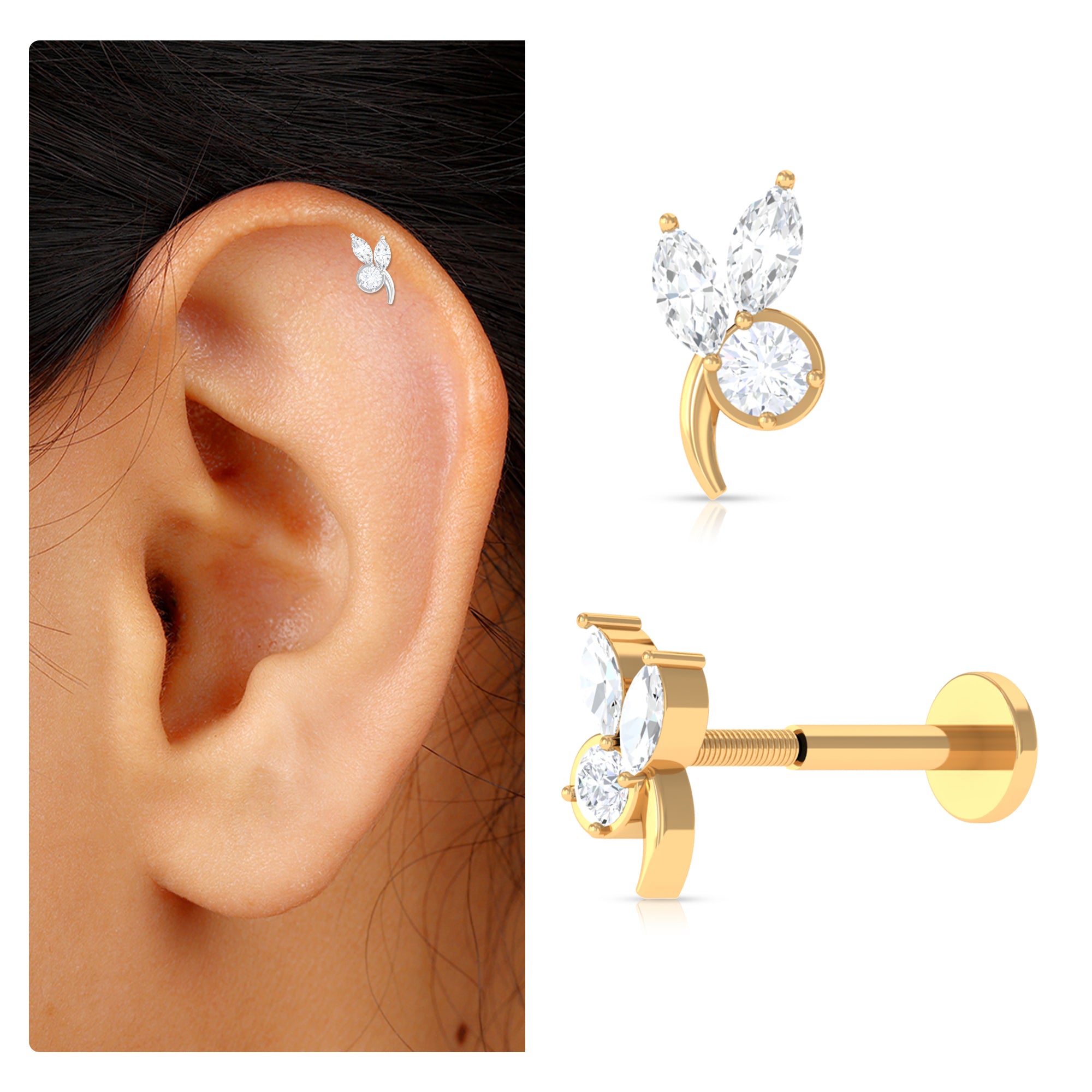 Marquise and Round Moissanite Gold Leaf Earring Moissanite - ( D-VS1 ) - Color and Clarity - Rosec Jewels