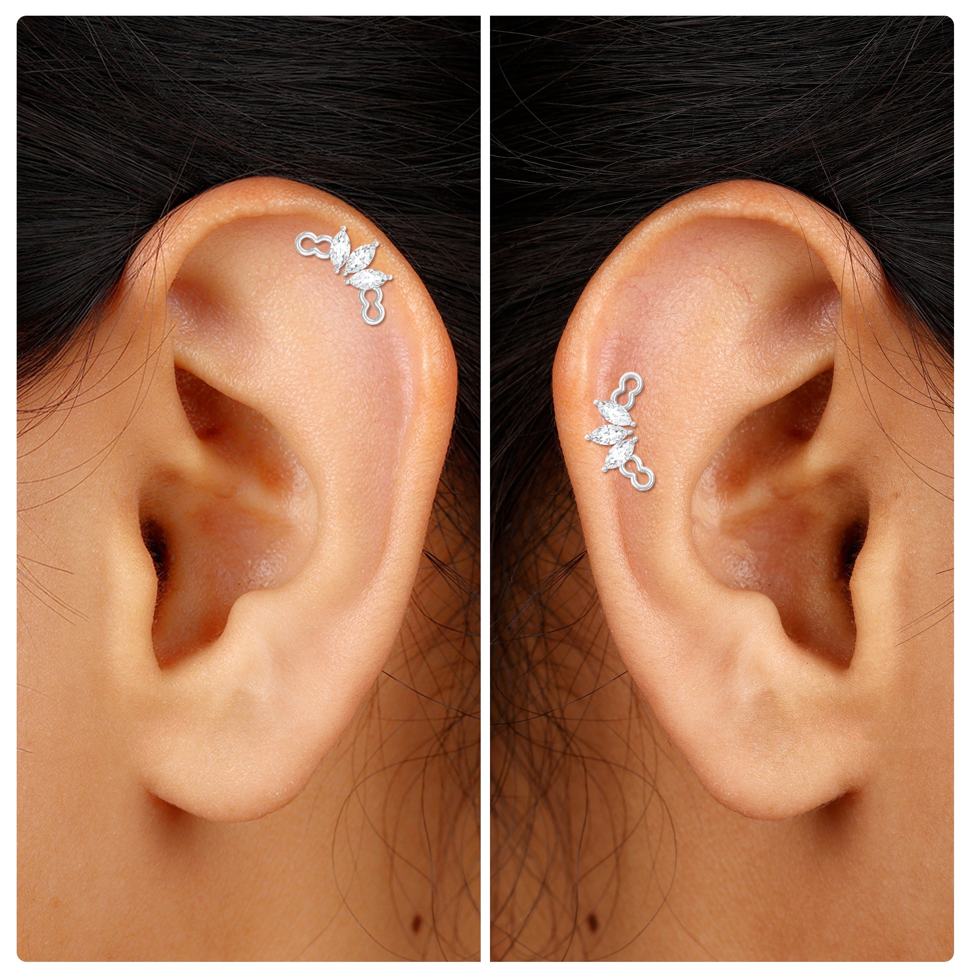 Marquise Moissanite 3 Stone Crawler Earring for Helix Piercing Moissanite - ( D-VS1 ) - Color and Clarity - Rosec Jewels