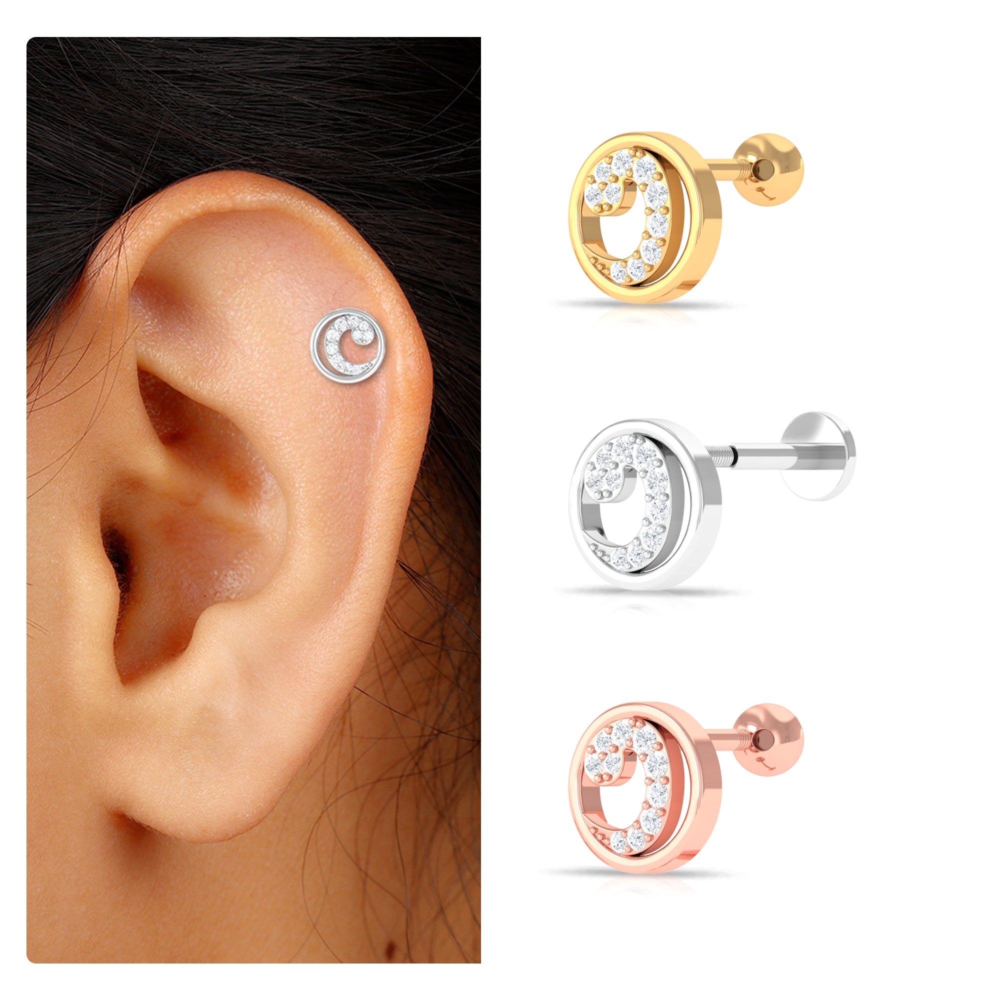 Real Diamond Circle Earring for Cartilage Piercing Diamond - ( HI-SI ) - Color and Clarity - Rosec Jewels