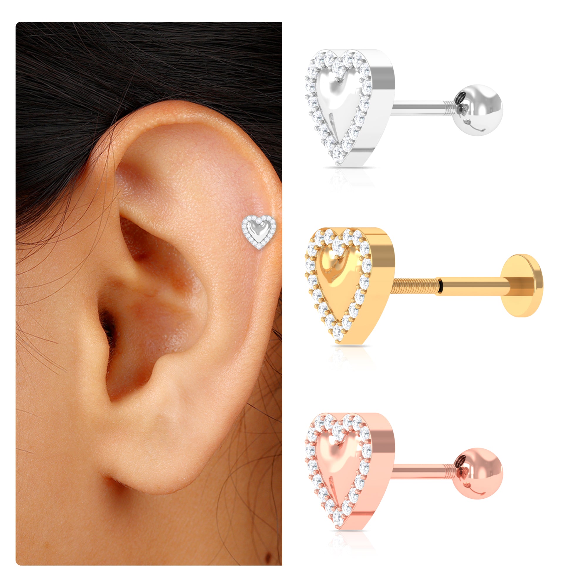 Unique Moissanite Gold Heart Cartilage Earring Moissanite - ( D-VS1 ) - Color and Clarity - Rosec Jewels
