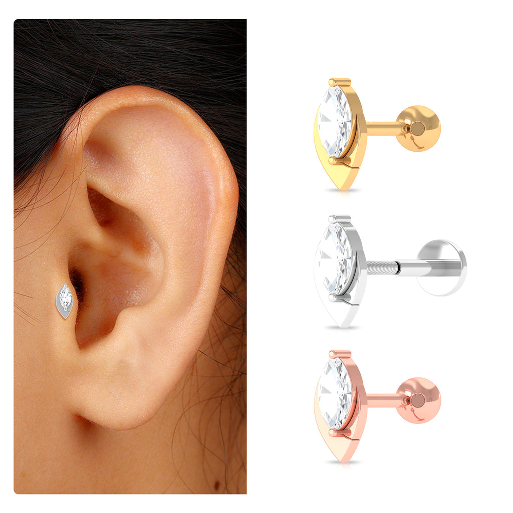 Marquise Moissanite Simple Gold Tragus Earring Moissanite - ( D-VS1 ) - Color and Clarity - Rosec Jewels