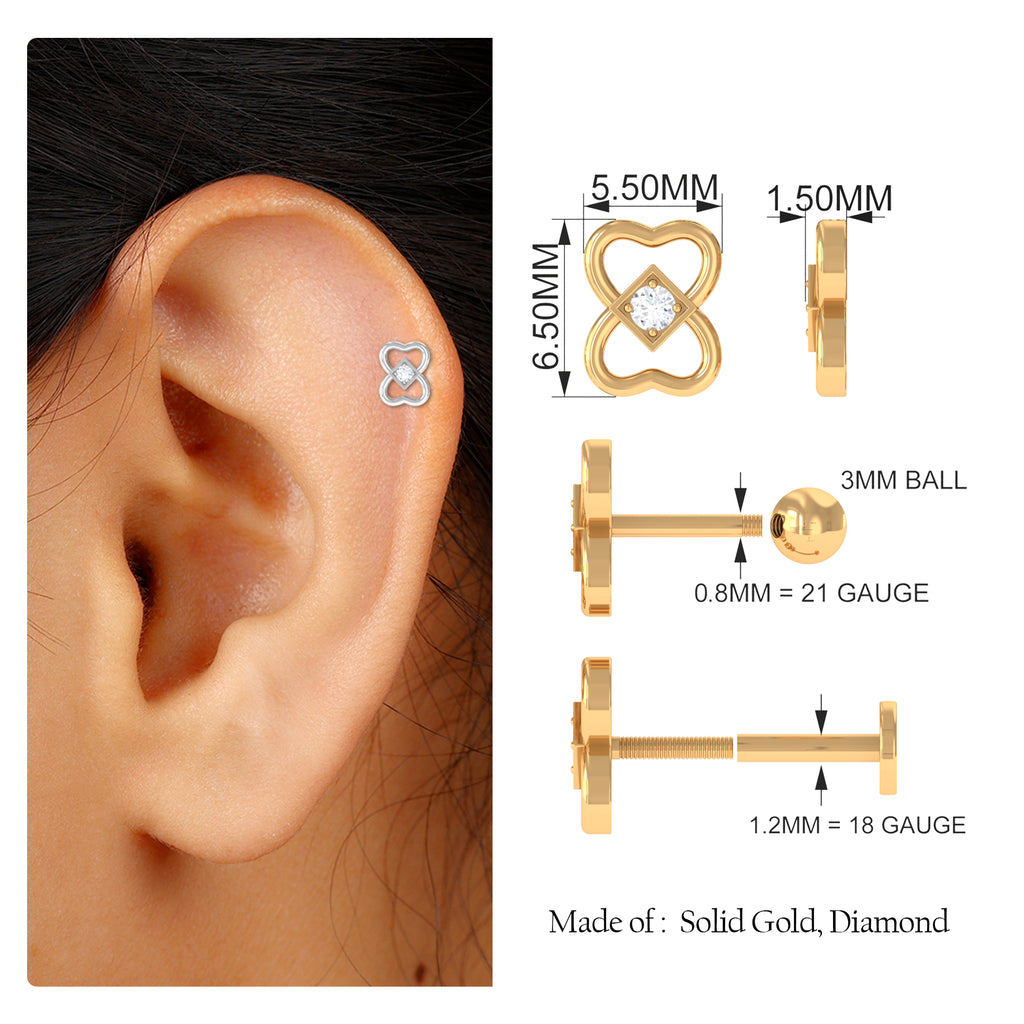 Dainty Diamond Heart Earring for Tragus Piercing Diamond - ( HI-SI ) - Color and Clarity - Rosec Jewels