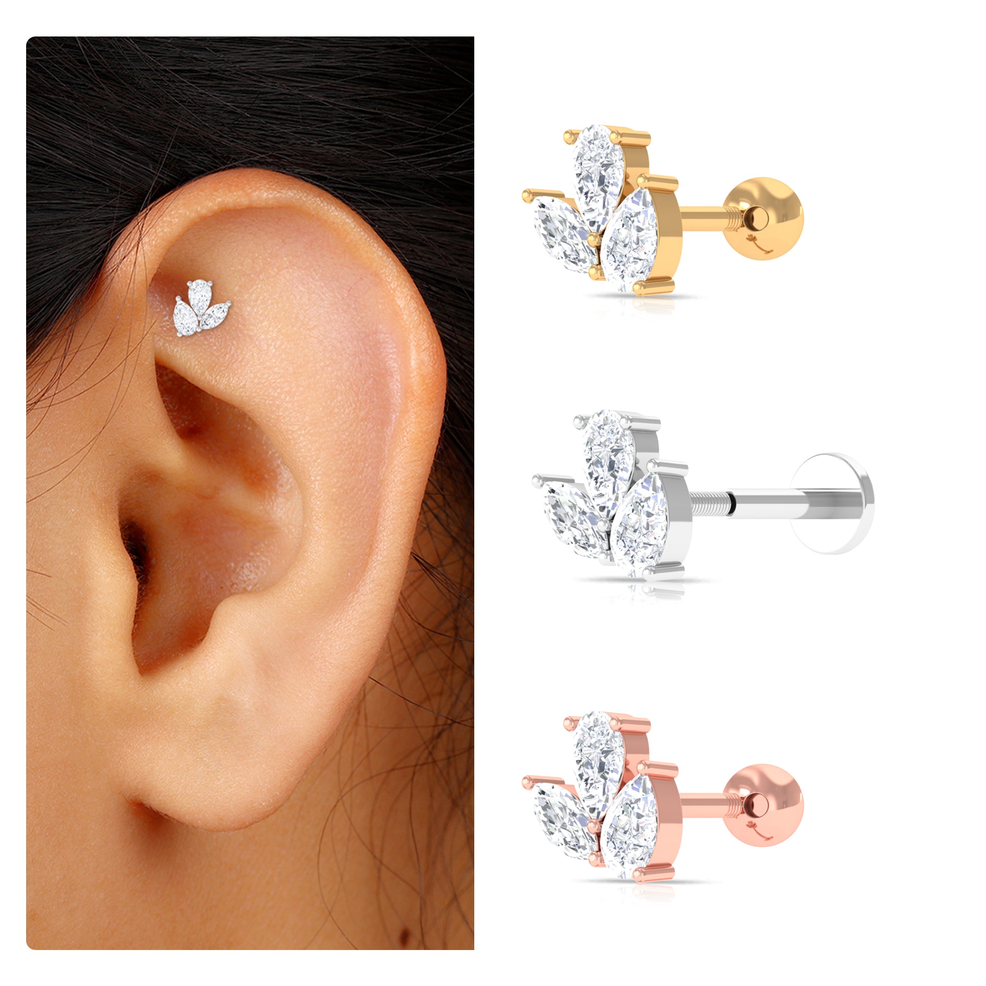 Pear and Marquise Cut Moissanite Cluster Cartilage Earring Moissanite - ( D-VS1 ) - Color and Clarity - Rosec Jewels