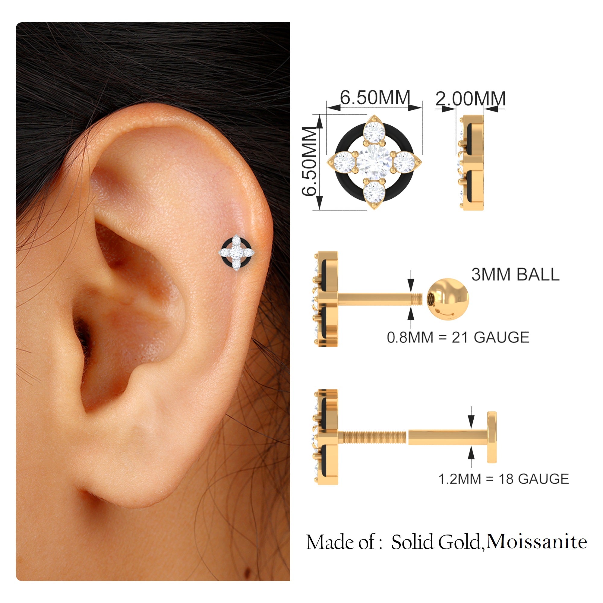 Round Moissanite Cartilage Earring with Black Enamel Moissanite - ( D-VS1 ) - Color and Clarity - Rosec Jewels