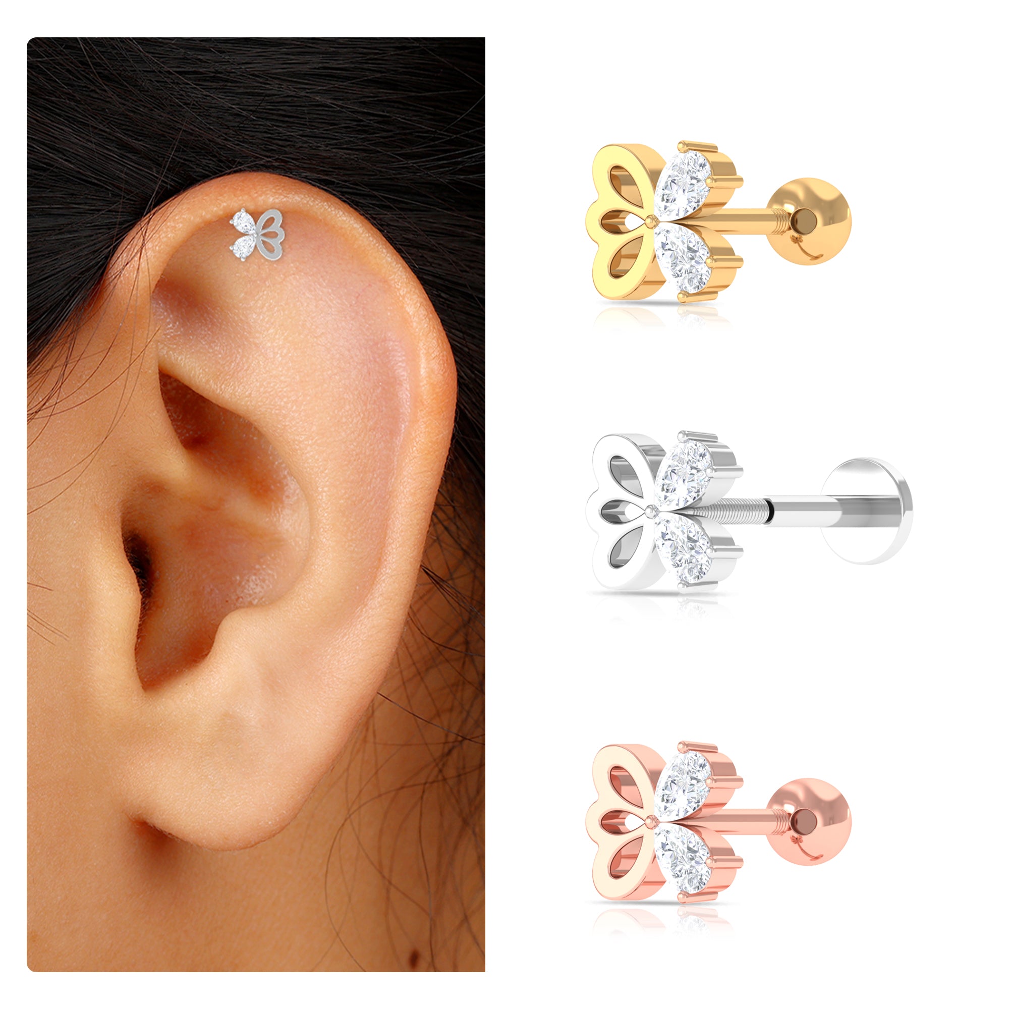 Pear Moissanite Gold Butterfly Earring for Helix Piercing Moissanite - ( D-VS1 ) - Color and Clarity - Rosec Jewels