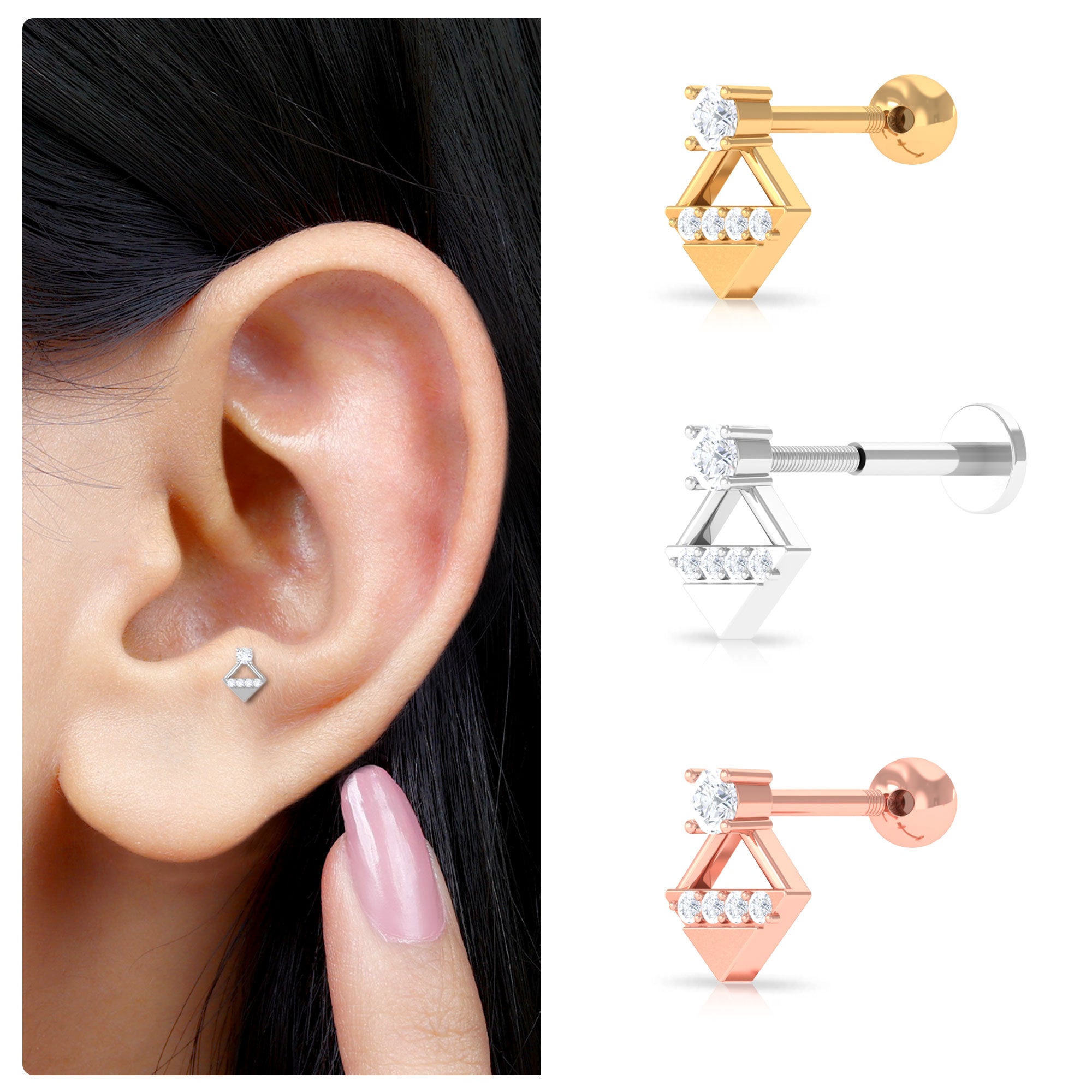 Unique Diamond Geometric Tragus Earring in Gold Diamond - ( HI-SI ) - Color and Clarity - Rosec Jewels
