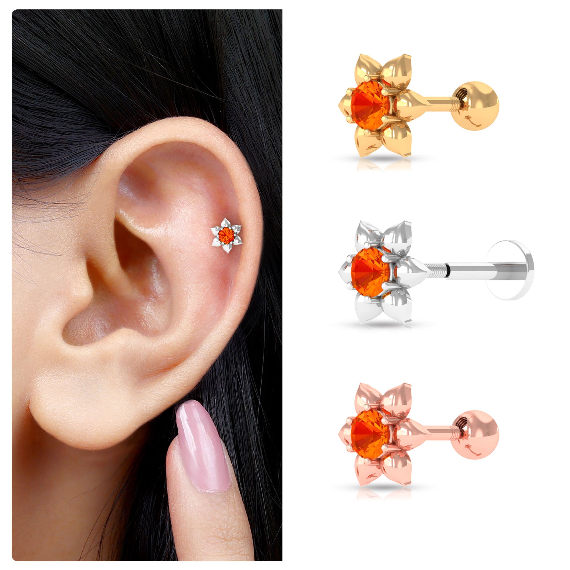 Round Orange Sapphire Flower Cartilage Earring Orange Sapphire - ( AAA ) - Quality - Rosec Jewels