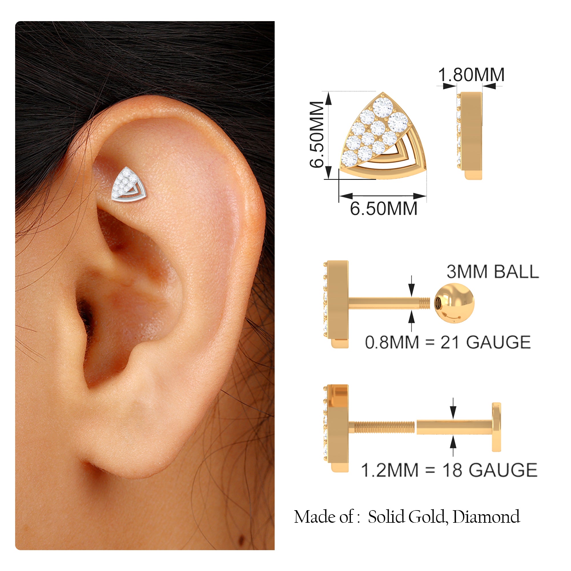 Minimal Moissanite Triangle Geometric Helix Earring Moissanite - ( D-VS1 ) - Color and Clarity - Rosec Jewels
