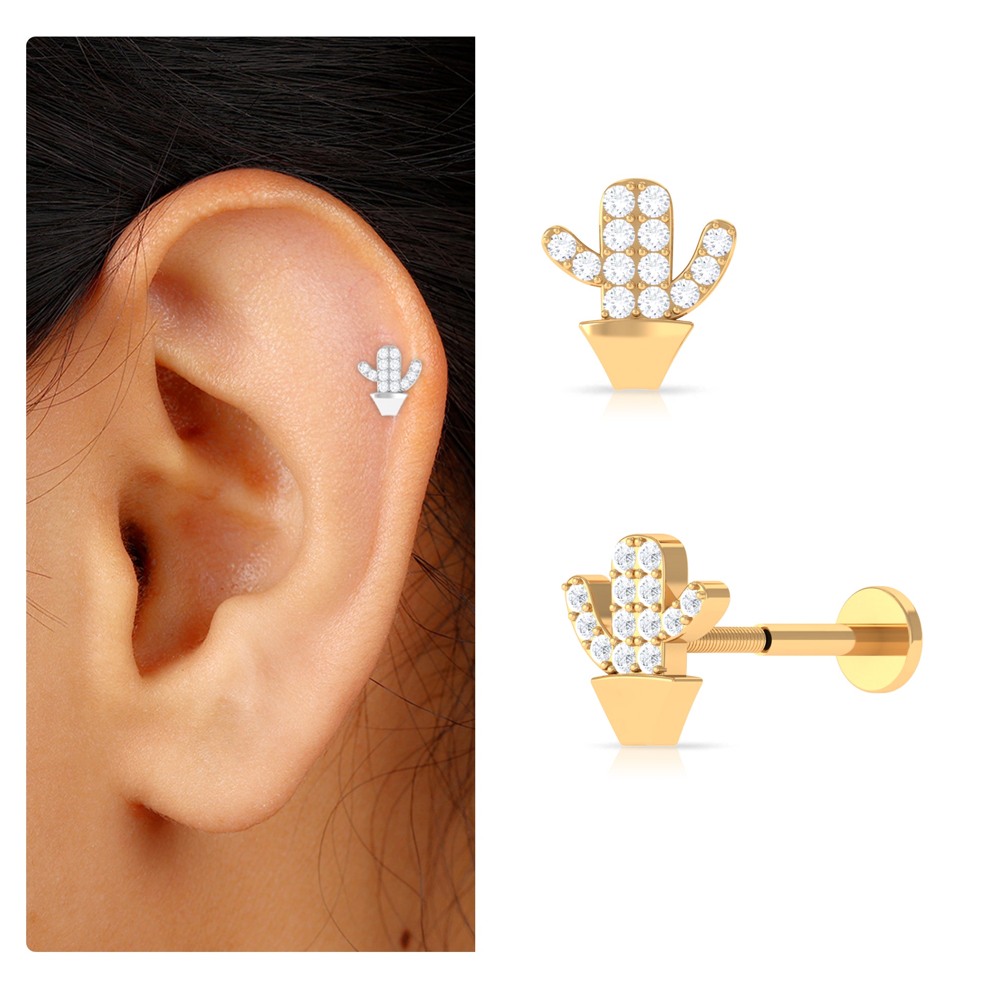 Moissanite Gold Cactus Earring for Cartilage Piercing Moissanite - ( D-VS1 ) - Color and Clarity - Rosec Jewels
