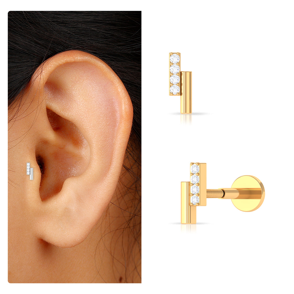 Minimalist Diamond Bar Gold Tragus Earring Diamond - ( HI-SI ) - Color and Clarity - Rosec Jewels