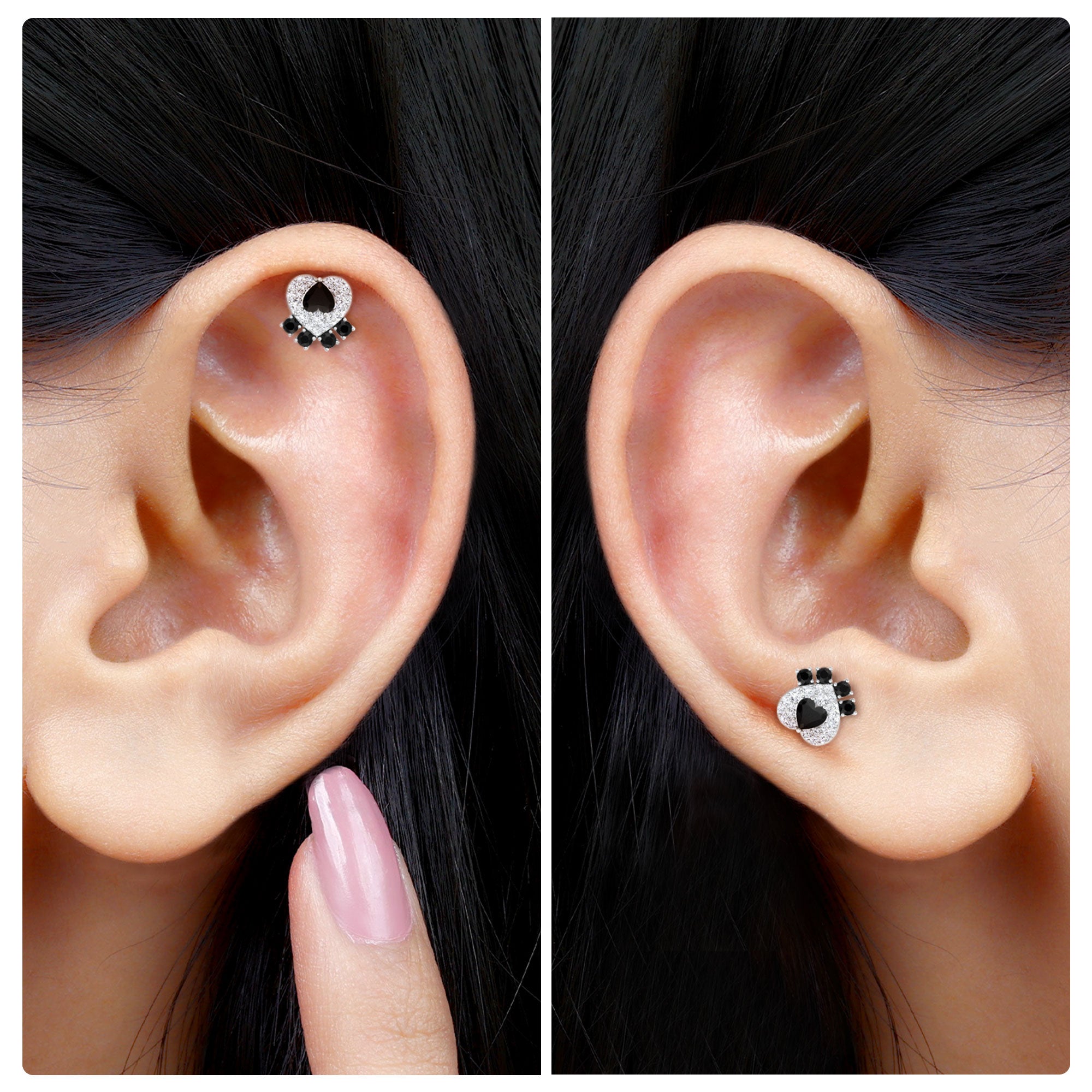 Black Onyx and Moissanite Dog Paw Print Earring in Gold Black Onyx - ( AAA ) - Quality - Rosec Jewels