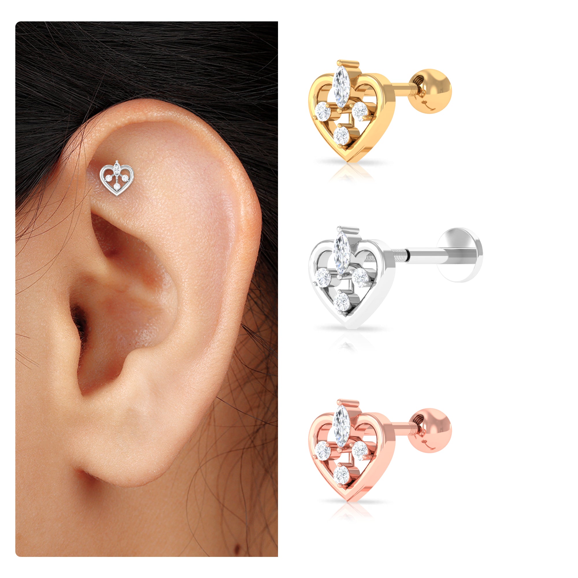 Adorable Diamond Gold Heart Earring for Cartilage Piercing Diamond - ( HI-SI ) - Color and Clarity - Rosec Jewels