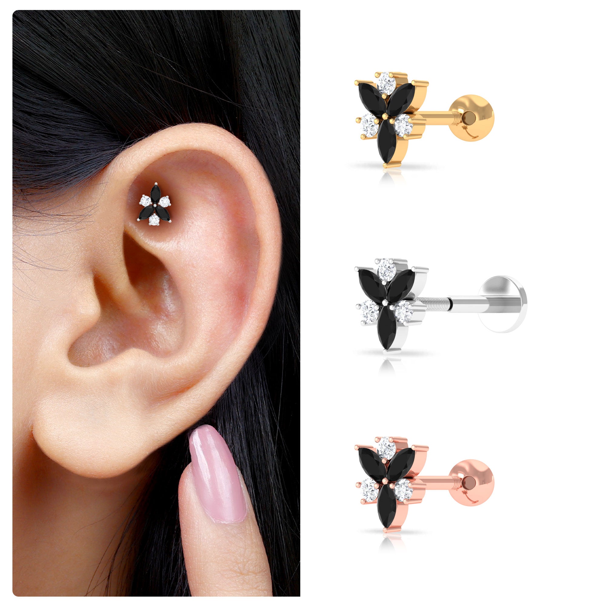 Black Onyx and Moissanite Flower Earring for Helix Piercing Black Onyx - ( AAA ) - Quality - Rosec Jewels