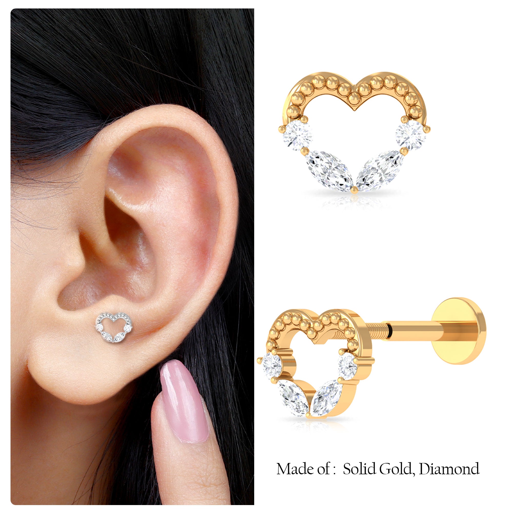 Marquise Moissanite Heart Cartilage Earring with Gold Beads Moissanite - ( D-VS1 ) - Color and Clarity - Rosec Jewels