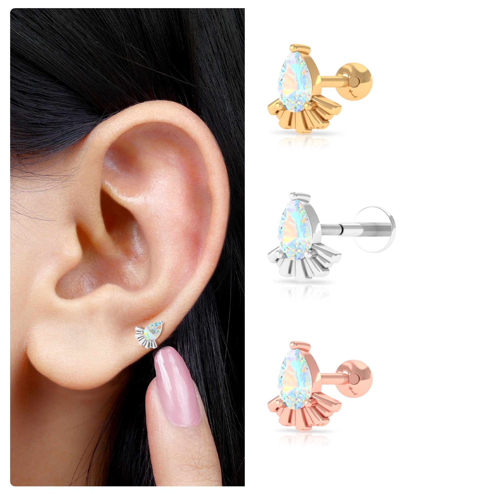 Pear Shaped Ethiopian Opal Unique Cartilage Earring Ethiopian Opal - ( AAA ) - Quality - Rosec Jewels