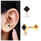 Princess Cut Black Onyx Two Stone Tragus Earring with Diamond Black Onyx - ( AAA ) - Quality - Rosec Jewels