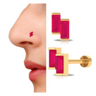Baguette Ruby Two Stone Nose Pin Ruby - ( AAA ) - Quality - Rosec Jewels