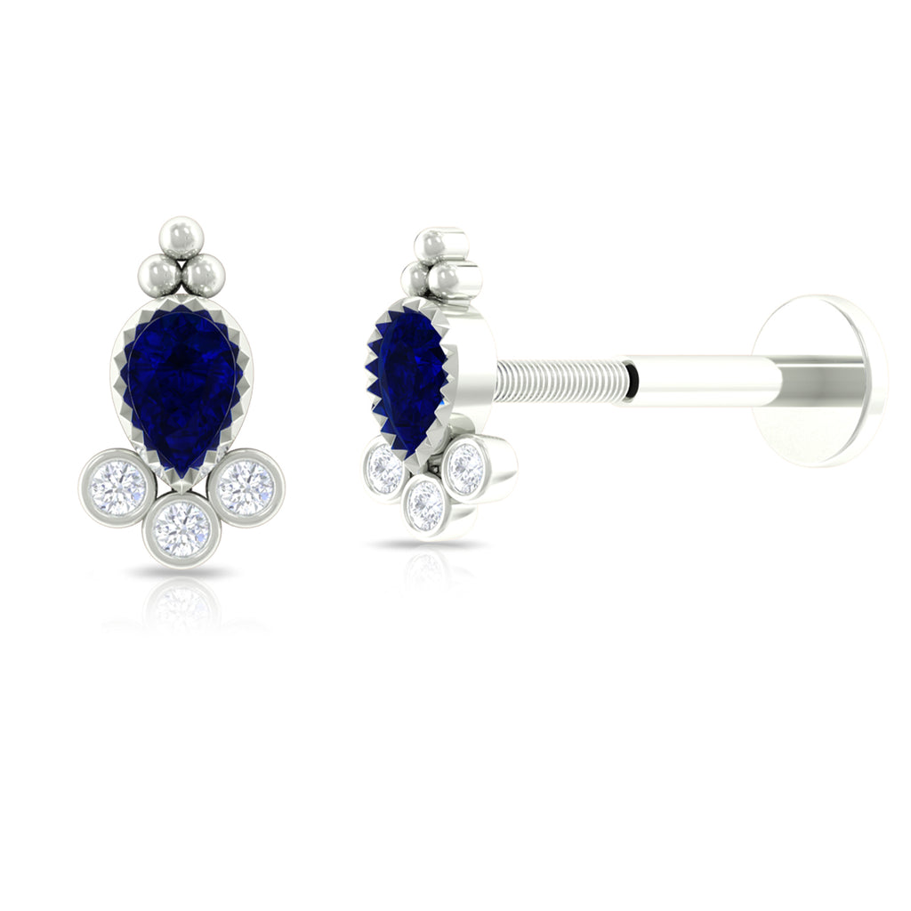 Vintage Style Blue Sapphire and Moissanite Tragus Earring Blue Sapphire - ( AAA ) - Quality - Rosec Jewels