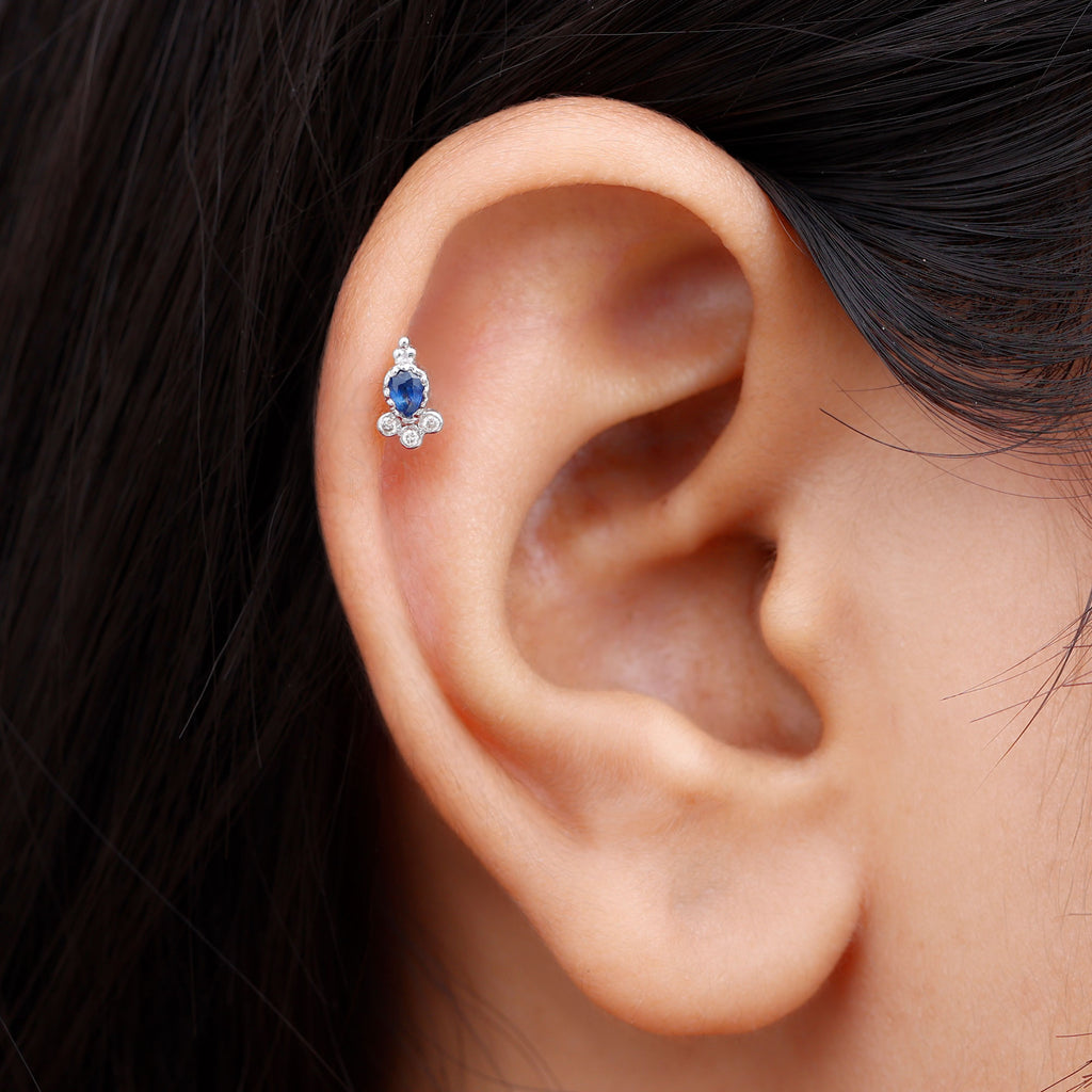 Vintage Style Blue Sapphire and Moissanite Tragus Earring Blue Sapphire - ( AAA ) - Quality - Rosec Jewels