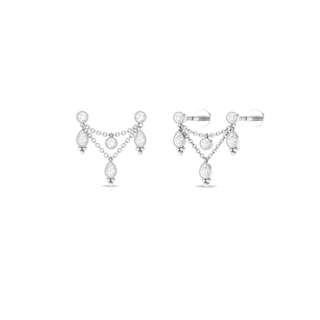 Beaded Bezel Set Moissanite Double Chain Drop Earring Moissanite - ( D-VS1 ) - Color and Clarity - Rosec Jewels