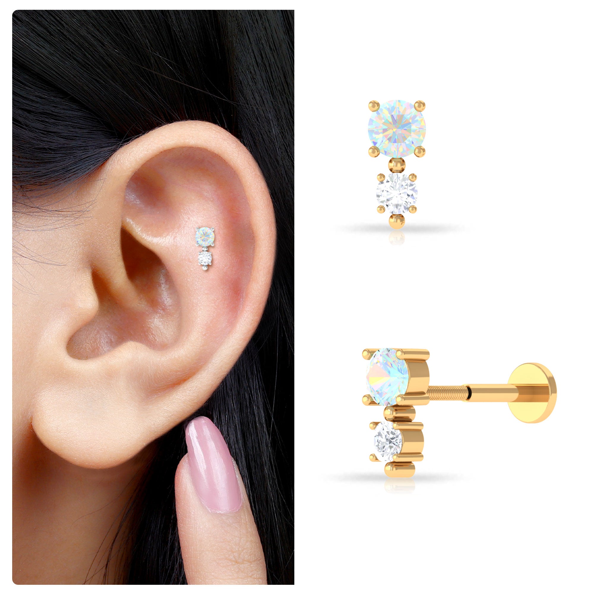 Real Ethiopian Opal and Diamond Two Stone Tragus Earring Ethiopian Opal - ( AAA ) - Quality - Rosec Jewels