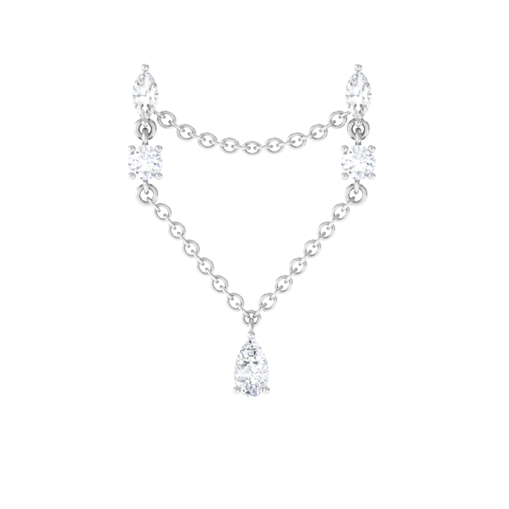 Certified Moissanite Double Piercing Earring with Chain Moissanite - ( D-VS1 ) - Color and Clarity - Rosec Jewels