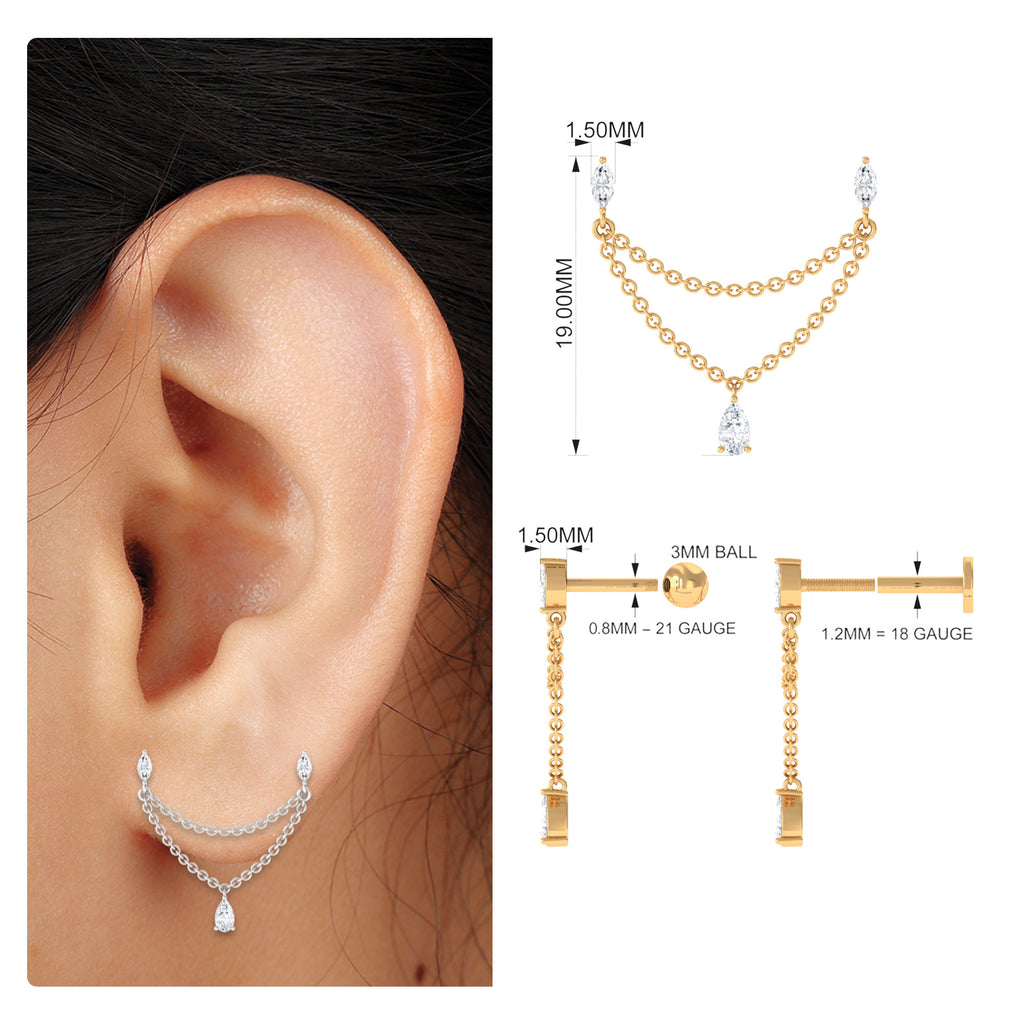 Moissanite Double Chain Earring for Helix Piercing Moissanite - ( D-VS1 ) - Color and Clarity - Rosec Jewels