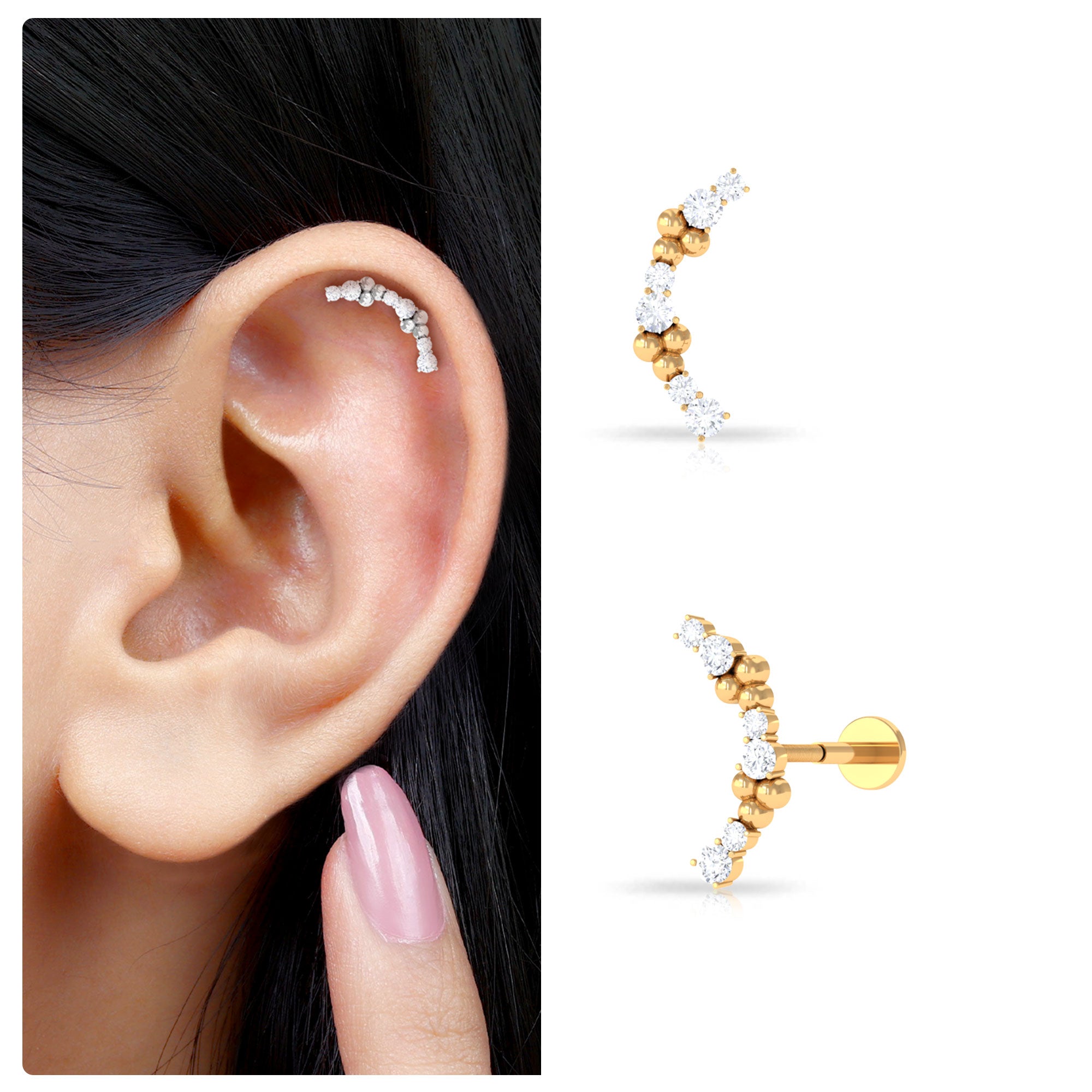 Round Cut Moissanite Gold Ear Climber Earring Moissanite - ( D-VS1 ) - Color and Clarity - Rosec Jewels