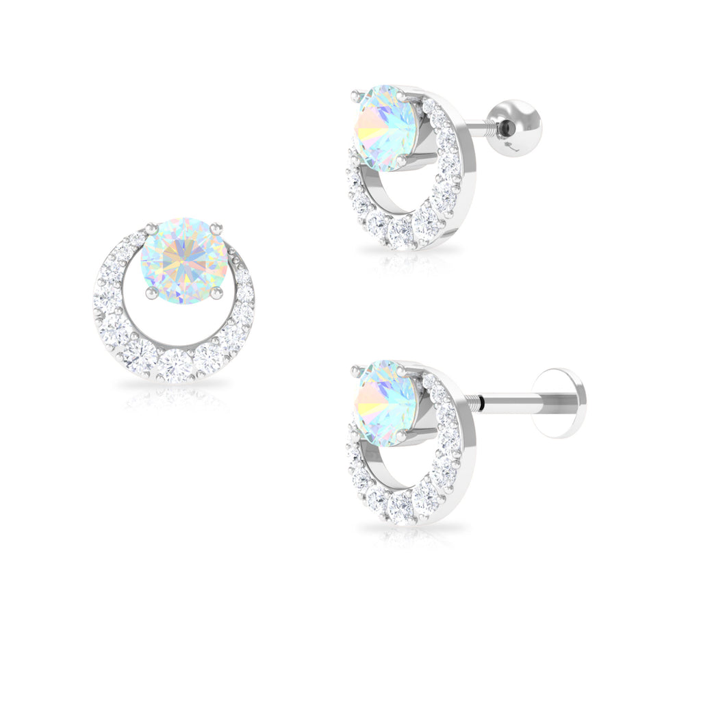 Ethiopian Opal and Moissanite 3 Stone Tragus Earring Ethiopian Opal - ( AAA ) - Quality - Rosec Jewels