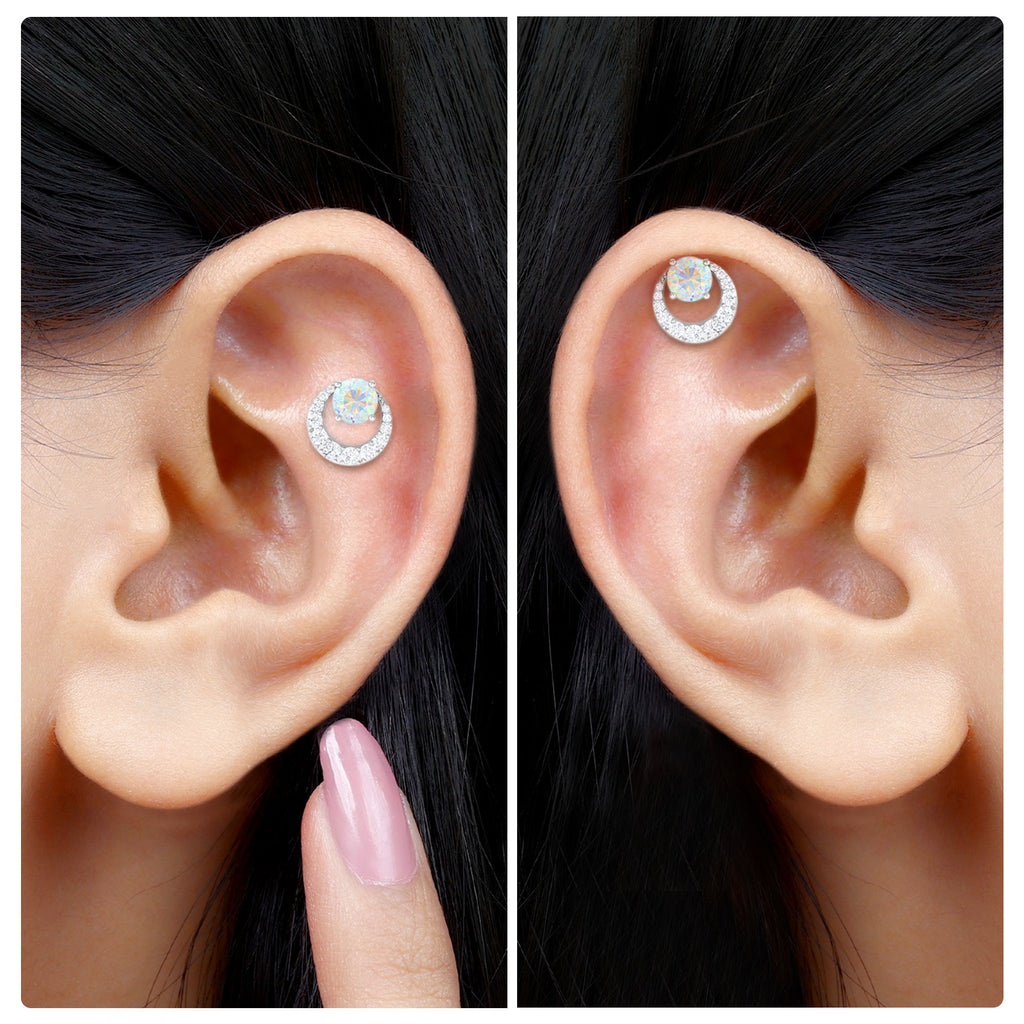 Ethiopian Opal and Moissanite 3 Stone Tragus Earring Ethiopian Opal - ( AAA ) - Quality - Rosec Jewels