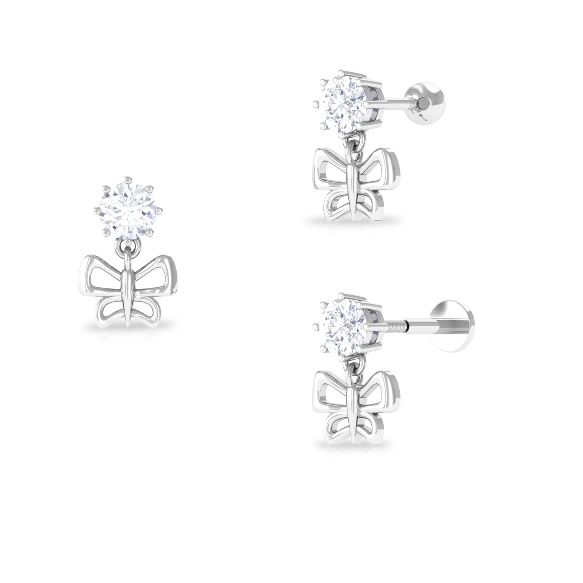 Round Moissanite Butterfly Drop Earring for Cartilage Piercing Moissanite - ( D-VS1 ) - Color and Clarity - Rosec Jewels