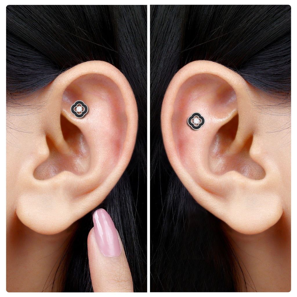 Real Diamond Black Enamel Flower Cartilage Earring Diamond - ( HI-SI ) - Color and Clarity - Rosec Jewels