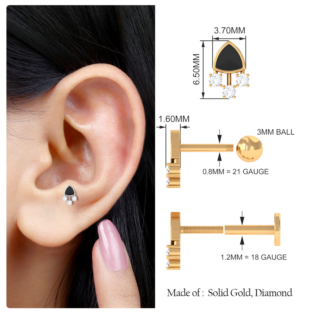 Genuine Diamond Black Enamel 3 Stone Tragus Earring Diamond - ( HI-SI ) - Color and Clarity - Rosec Jewels