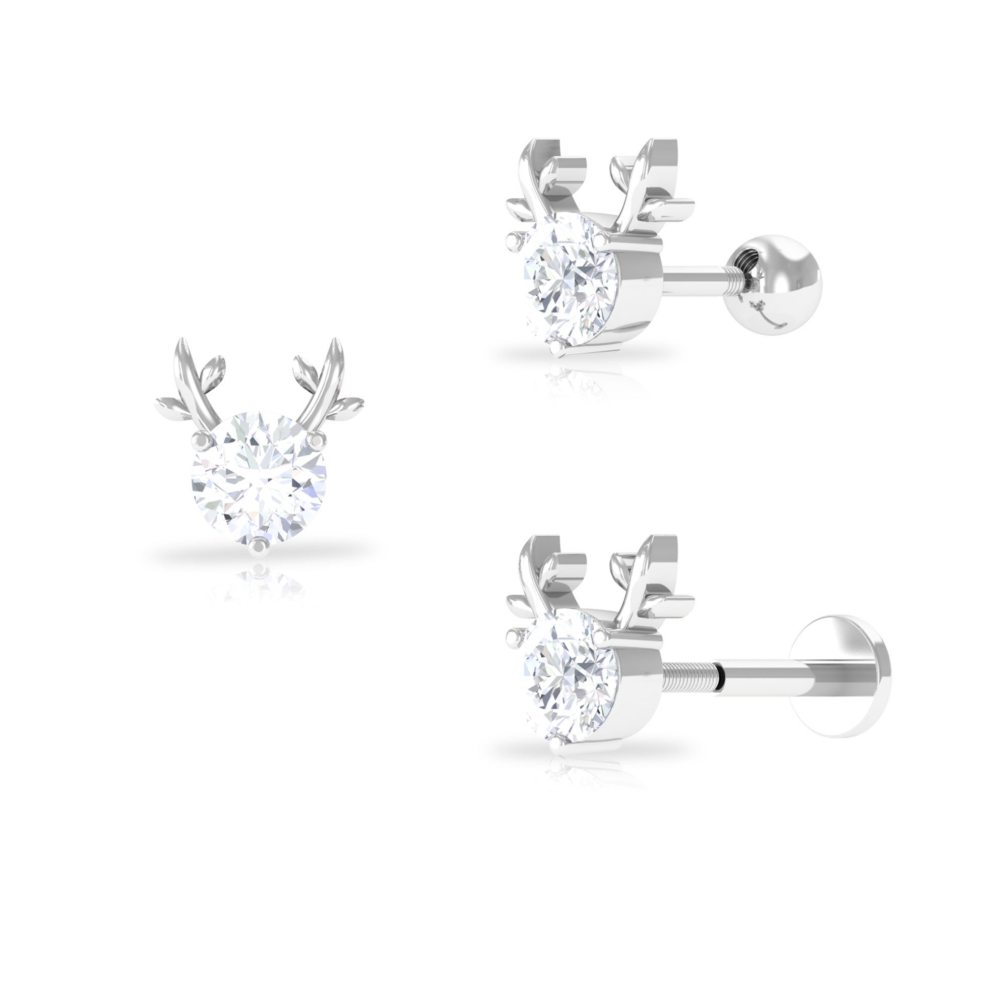 Round Moissanite Xmas Reindeer Cartilage Earring Moissanite - ( D-VS1 ) - Color and Clarity - Rosec Jewels
