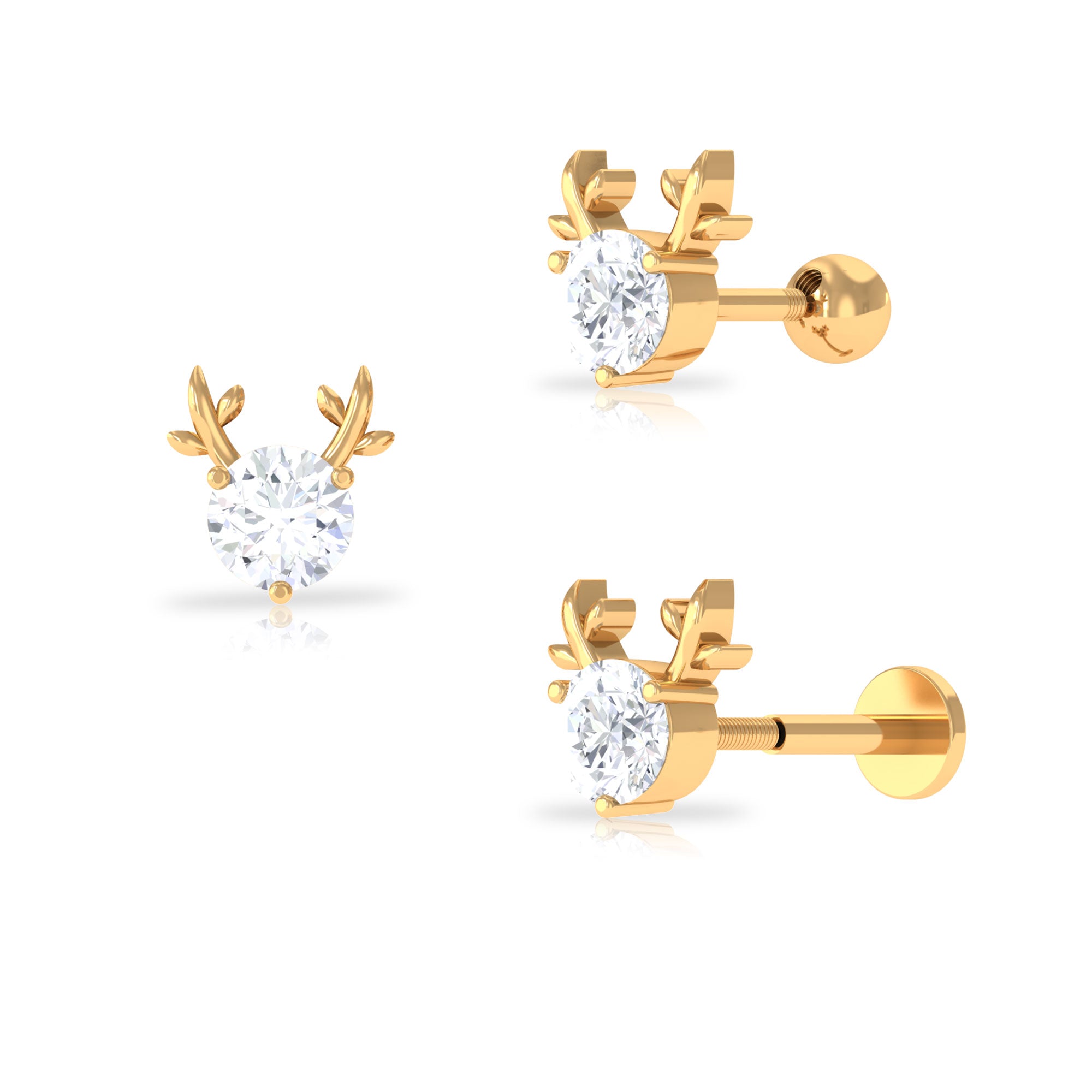 Round Moissanite Xmas Reindeer Cartilage Earring Moissanite - ( D-VS1 ) - Color and Clarity - Rosec Jewels