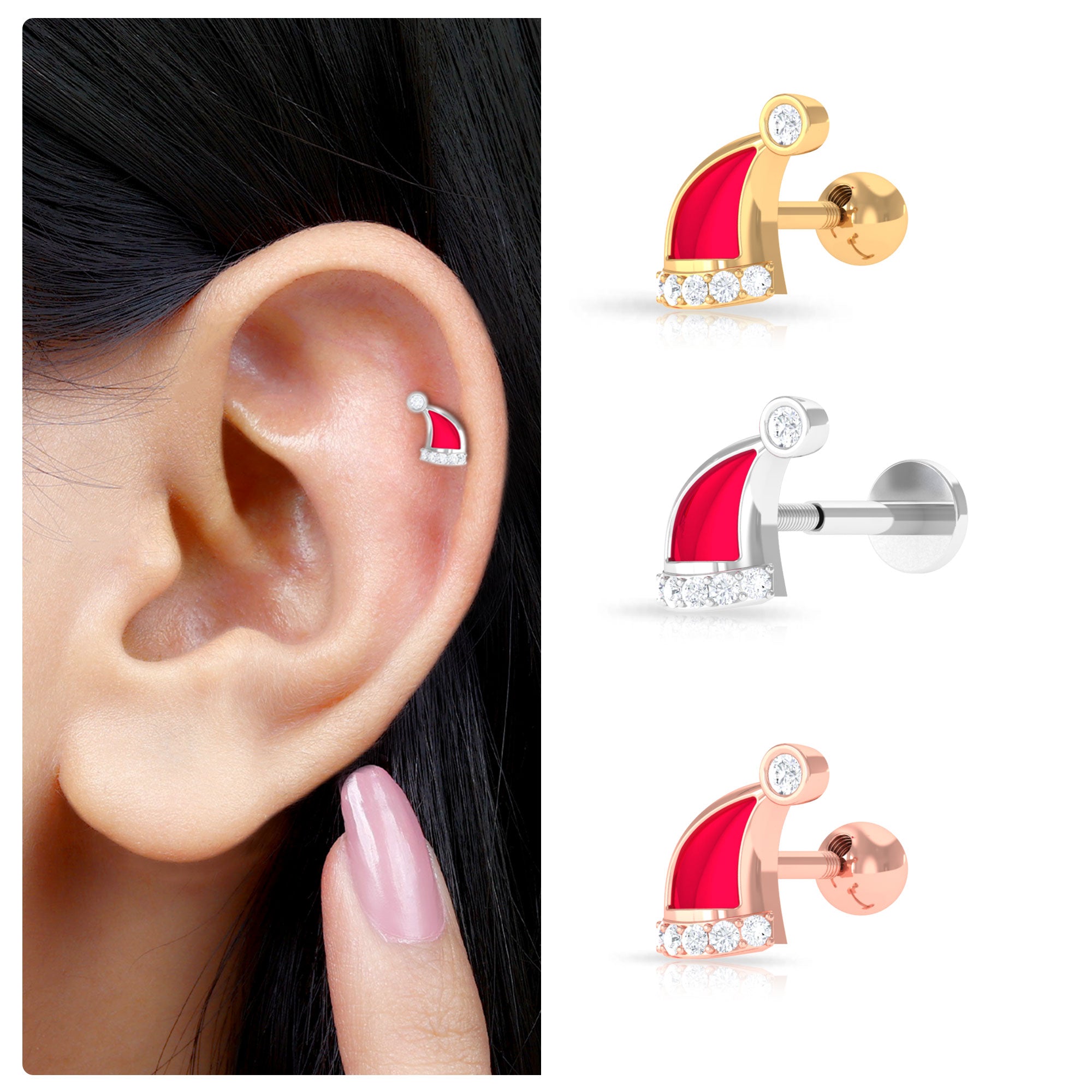 Diamond and Red Enamel Christmas Santa Hat Helix Earring Diamond - ( HI-SI ) - Color and Clarity - Rosec Jewels