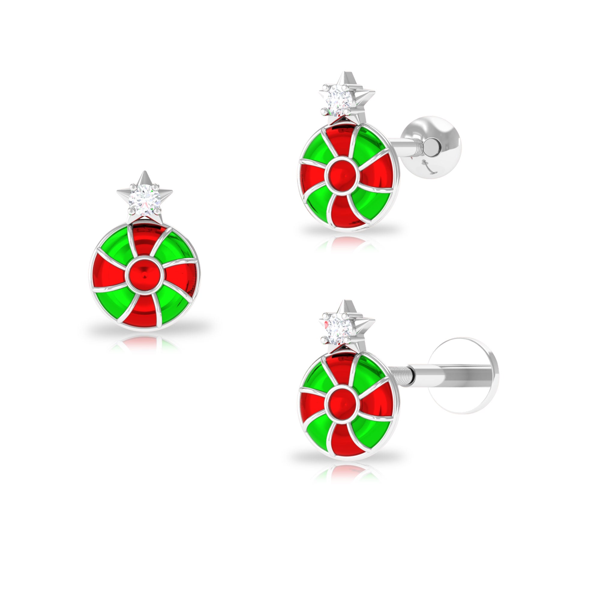 Diamond and Enamel Swirl Peppermint Candy Helix Earring Diamond - ( HI-SI ) - Color and Clarity - Rosec Jewels