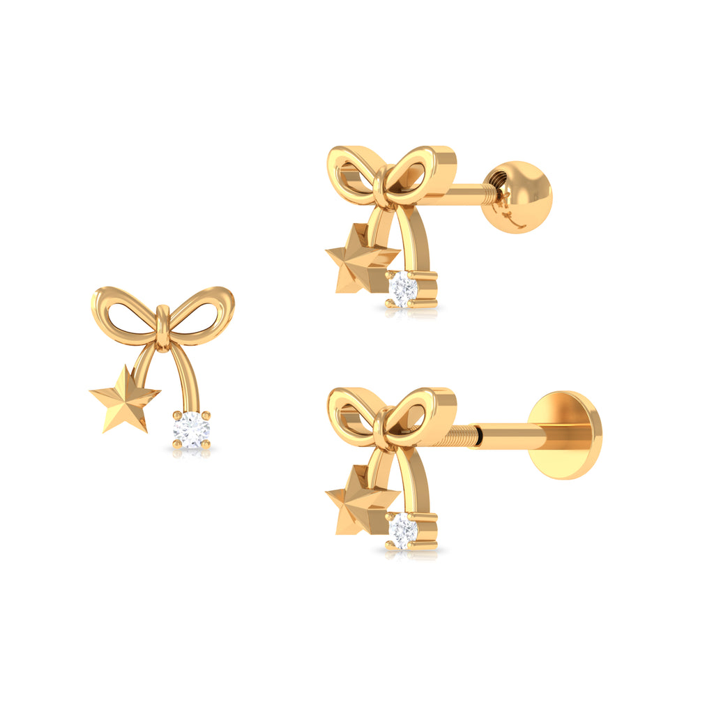 Natural Diamond Bow Cartilage Earring with Star Diamond - ( HI-SI ) - Color and Clarity - Rosec Jewels