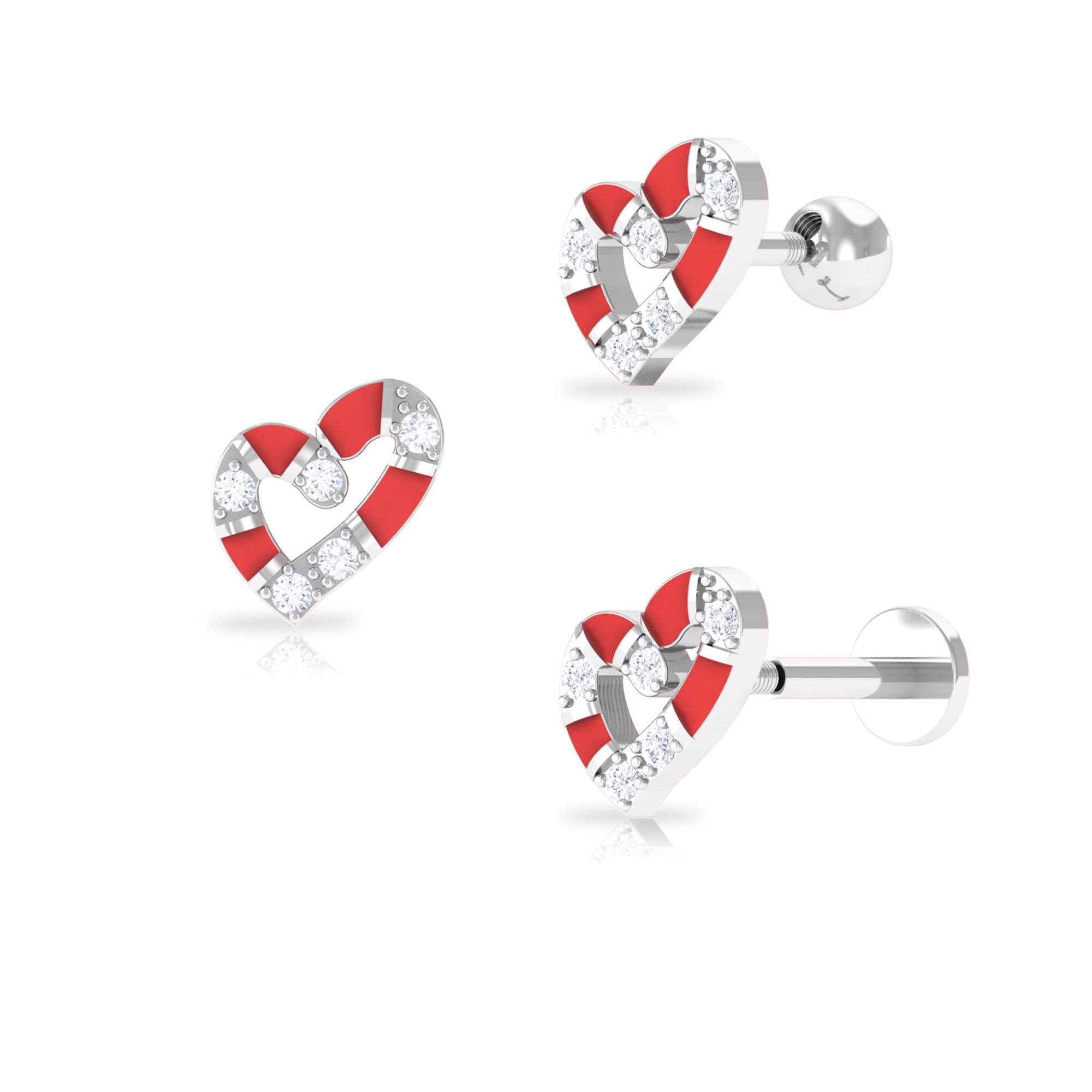 Real Diamond Heart Cartilage Earring with Red Enamel Diamond - ( HI-SI ) - Color and Clarity - Rosec Jewels
