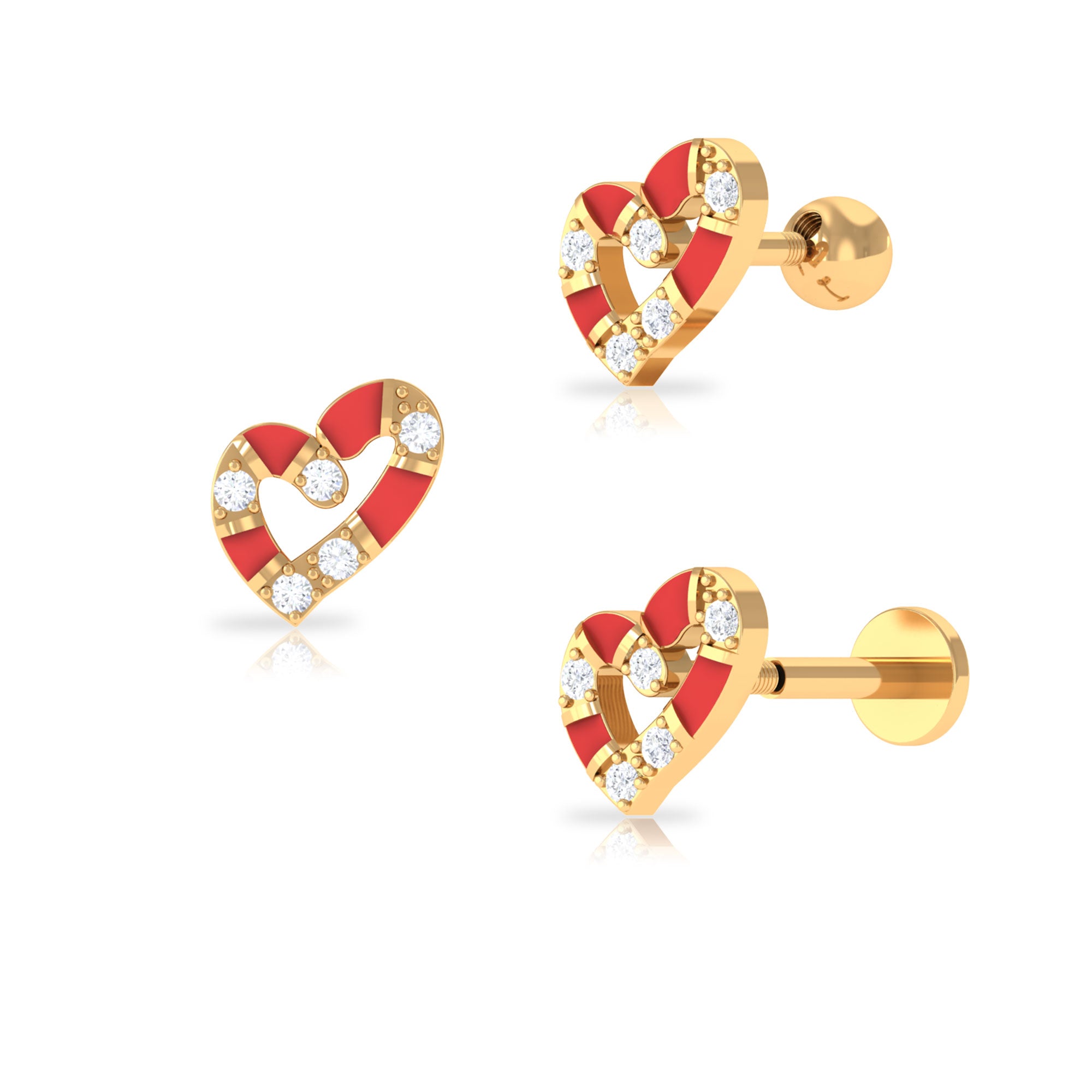 Real Diamond Heart Cartilage Earring with Red Enamel Diamond - ( HI-SI ) - Color and Clarity - Rosec Jewels