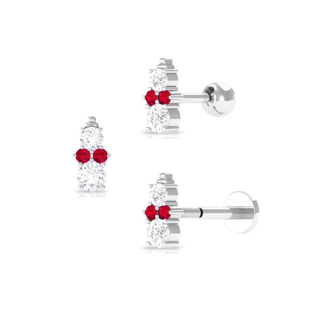 Cute Snowman Tragus Earring with Created Ruby and Moissanite Lab Created Ruby - ( AAAA ) - Quality - Rosec Jewels