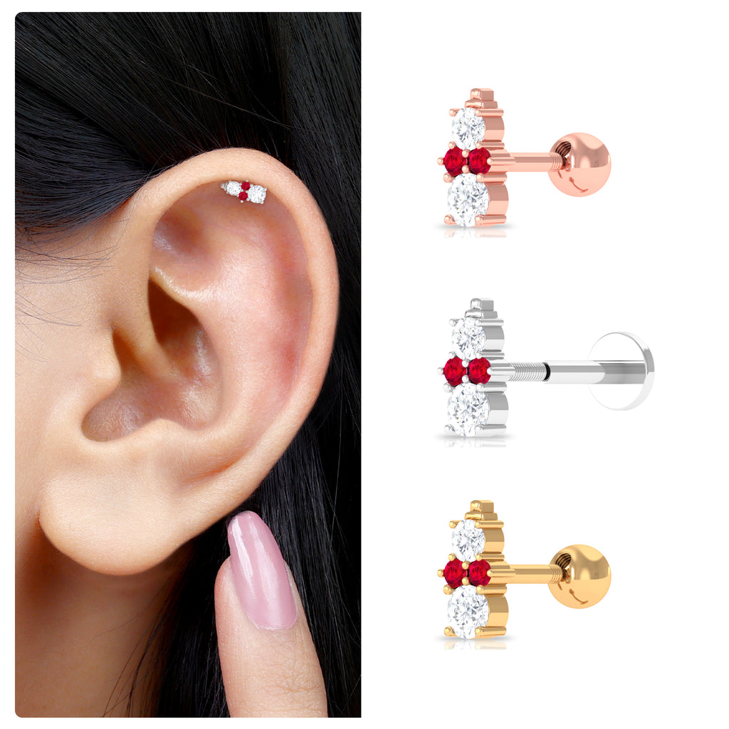 Cute Snowman Tragus Earring with Created Ruby and Moissanite Lab Created Ruby - ( AAAA ) - Quality - Rosec Jewels