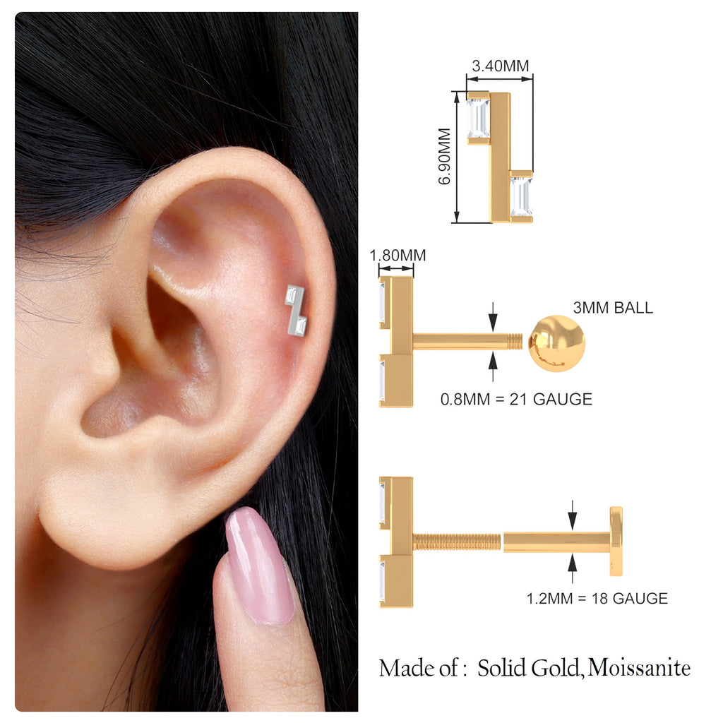 Baguette Cut Moissanite Gold Bar Tragus Earring Moissanite - ( D-VS1 ) - Color and Clarity - Rosec Jewels