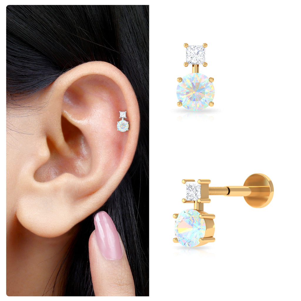 Round Ethiopian Opal Two Stone Helix Earring with Diamond Ethiopian Opal - ( AAA ) - Quality - Rosec Jewels